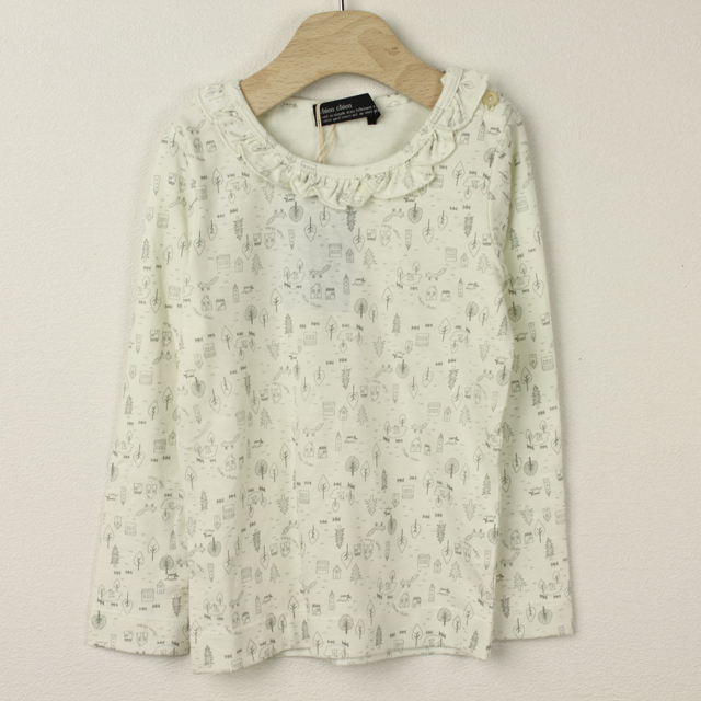 【セール80%OFF】Chien Chien(シアンシアン) おうち柄フリル襟長袖Tシャツ ホワイト 110cm    【おまかせ配送で送料お得】