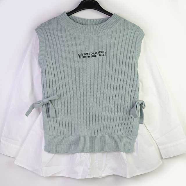 ☆SummerSale 2025☆【セール70%OFF】byloveit（バイラビット） ニットベストドッキングブラウス長袖 ブルー 150cm 160cm      ｜バイラビット byloveit 子供服 秋冬 長袖トップス ニット