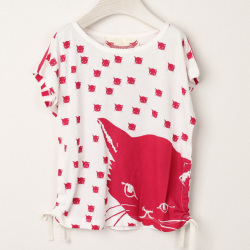 【セール80%OFF】PAPER WINGS半袖Tシャツ　ネコ クリームＸ赤 2才 3才   【おまかせ配送で送料お得】
