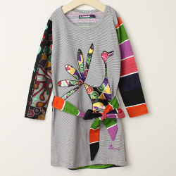 【セール70%OFF】Desigual(デシグアル) 長袖ワンピースVEST_MAR DE PLATA ボーダー鳥アップリケ 5才-6才