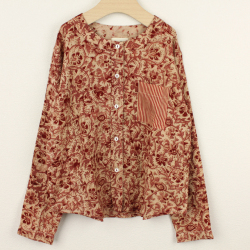 ☆SummerSale 2025☆【セール80%OFF】le petit Lucas(ル・プチルカ） GIRLS KURTA　前ボタンストライプポケット長袖Tシャツ RedKalam　赤 4才 6才    　【おまかせ配送で送料お得】