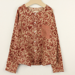 【在庫処分セール70%OFF】le petit Lucas(ル・プチルカ） GIRLS KURTA　前ボタンストライプポケット長袖Tシャツ RedKalam　赤 4才 6才    　【おまかせ配送で送料お得】