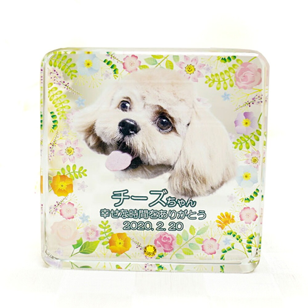 写真入りペット位牌 クリスタル 四角形＜大サイズ・選べる誕生月ラインストーン付き＞