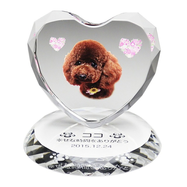 写真入りペット位牌 クリスタル ハート形 ＜台座付き・ラインストーン無し＞