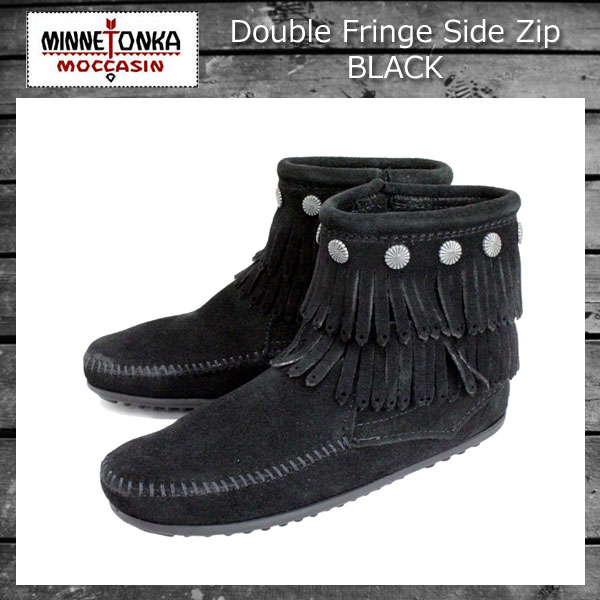 正規取扱店 MINNETONKA(ミネトンカ)Double Fringe Side Zip Boot(ダブルフリンジ サイドジップブーツ)#699 BLACK レディース MT017