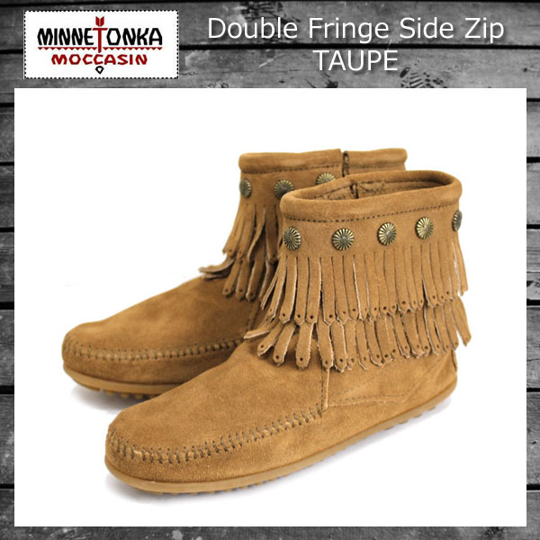 正規取扱店 MINNETONKA(ミネトンカ)Double Fringe Side Zip Boot(ダブルフリンジ サイドジップブーツ)#697T TAUPE レディース MT018