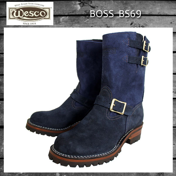 Wesco ウエスコ 正規ディーラー Boss ボス Navy Rough Out ネイビーラフアウト,9height,#100sole,2straps,Brass Bucles BS69