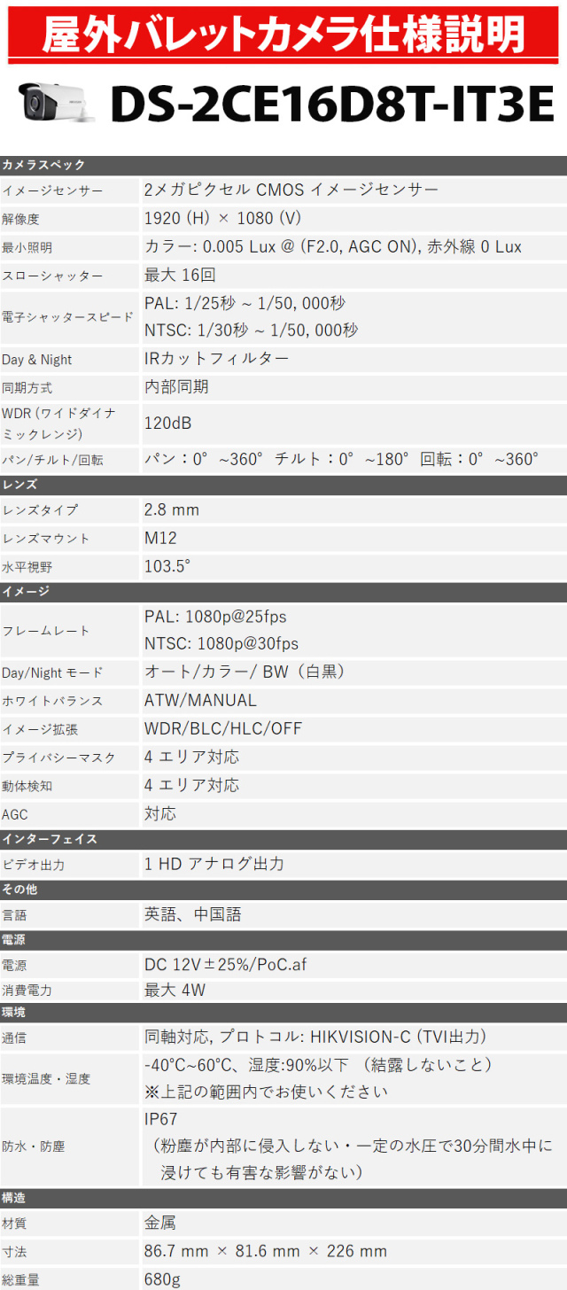 HIKVISION（ハイクビジョン）防犯カメラ 屋外 2メガピクセル