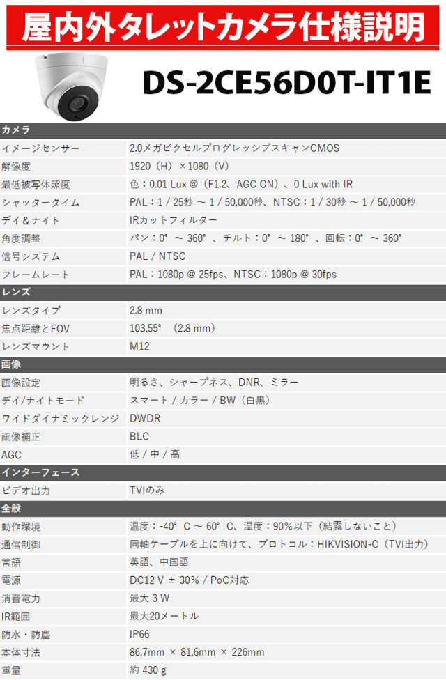 防犯カメラ 屋内屋外 ワンケーブル(PoC)アナログ 243万画素 1&