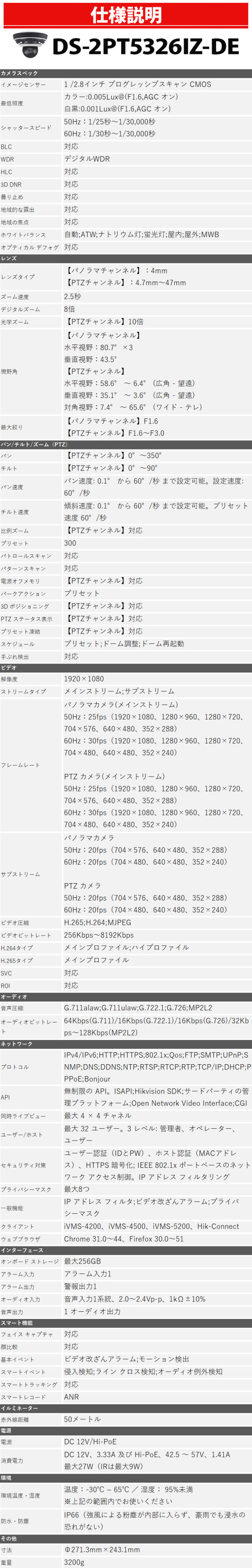 防犯カメラ PTZ 屋内屋外 243万画素 HIKVISION（ハイクビジョン