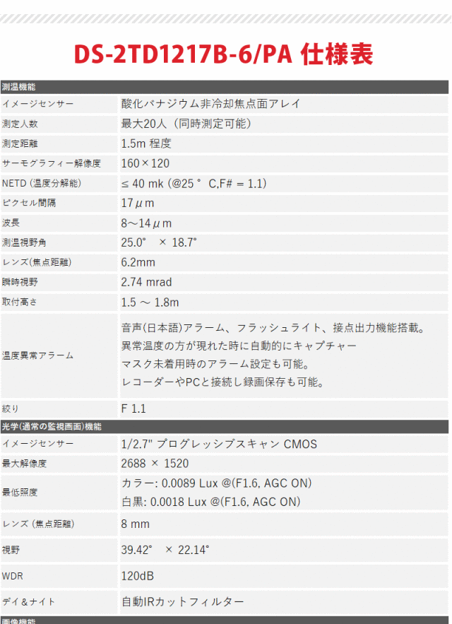 HIKVISIONサーマルカメラ(レンズ6mm) 業務用 非接触体温測定 高精度