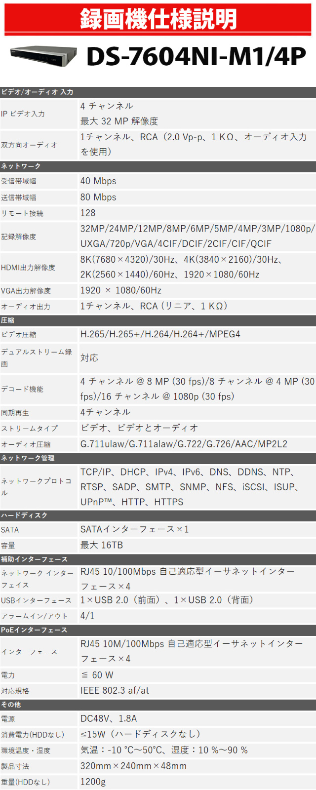 HIKVISION(ハイクビジョン）8K NVRレコーダー 4チャンネル録画機 遠隔