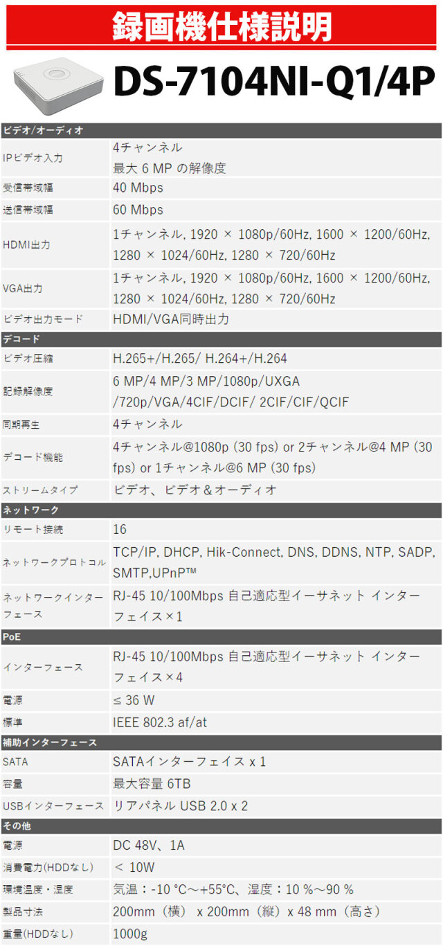 600万画素 HIKVISION（ハイクビジョン）NVRレコーダー PoE カメラ電源