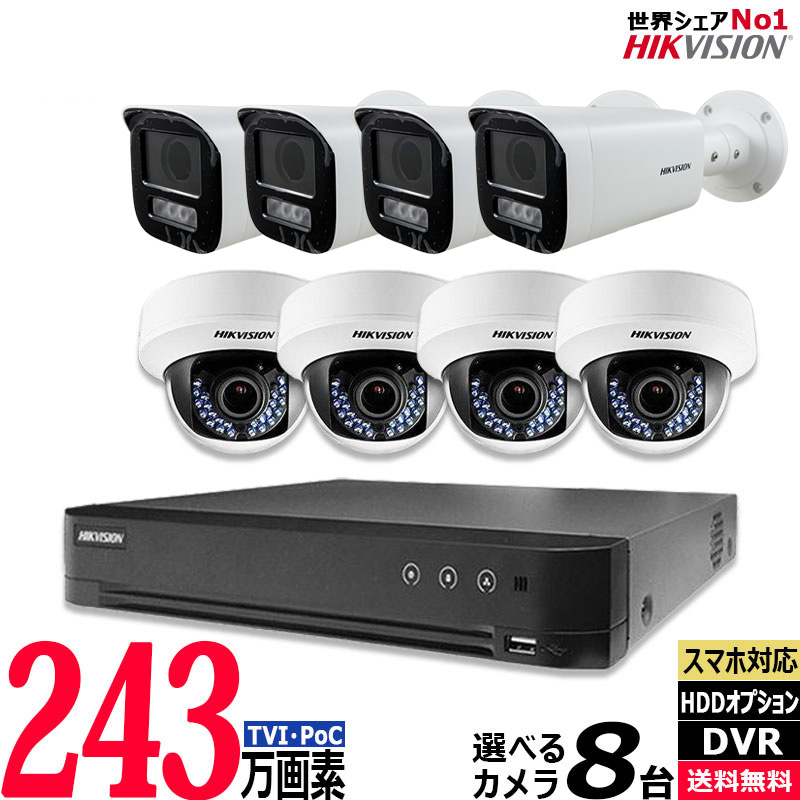 防犯カメラ 業務用 屋内屋外 HIKVISION(ハイクビジョン) バリフォーカル ワンケーブル(PoC)  8台セット レコーダーHDD別 カメラ電源不要 TVI-SET-ONE-8CH
