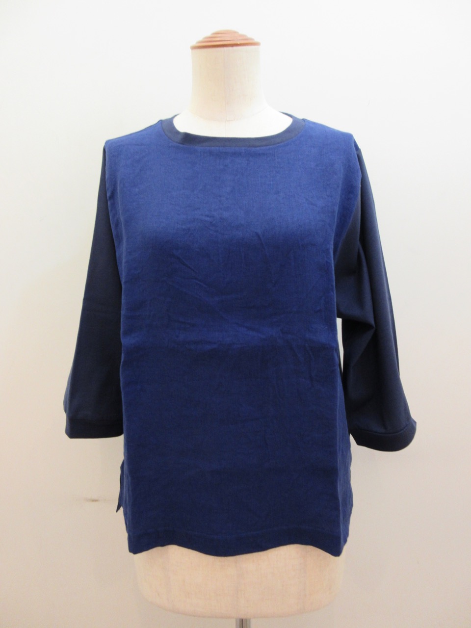 KEI Hayama PLUS(ケイハヤマプリュス) フレンチリネンワッシャー×度詰め天竺七分袖プルオーバー:ネイビー