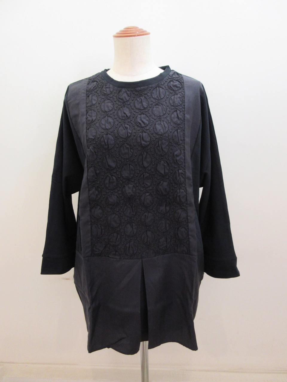 KEI Hayama PLUS(ケイハヤマプリュス) ドットリンクルワッシャー×コットンキュプラ天竺チュニックTシャツ:ネイビー