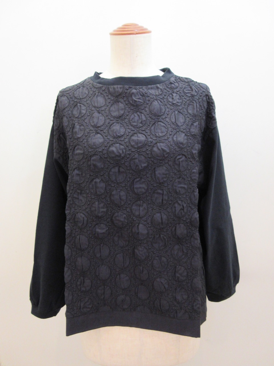 KEI Hayama PLUS(ケイハヤマプリュス) ドットリンクルワッシャー×コットンキュプラ天竺長袖Tシャツ:ネイビー