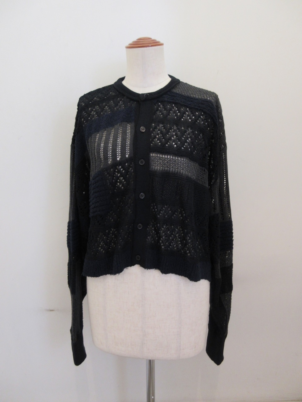 Y's YOHJI YAMAMOTO (ワイズ　ヨウジヤマモト) 8Gパッチワークミックスショート丈カーディガン：チャコール