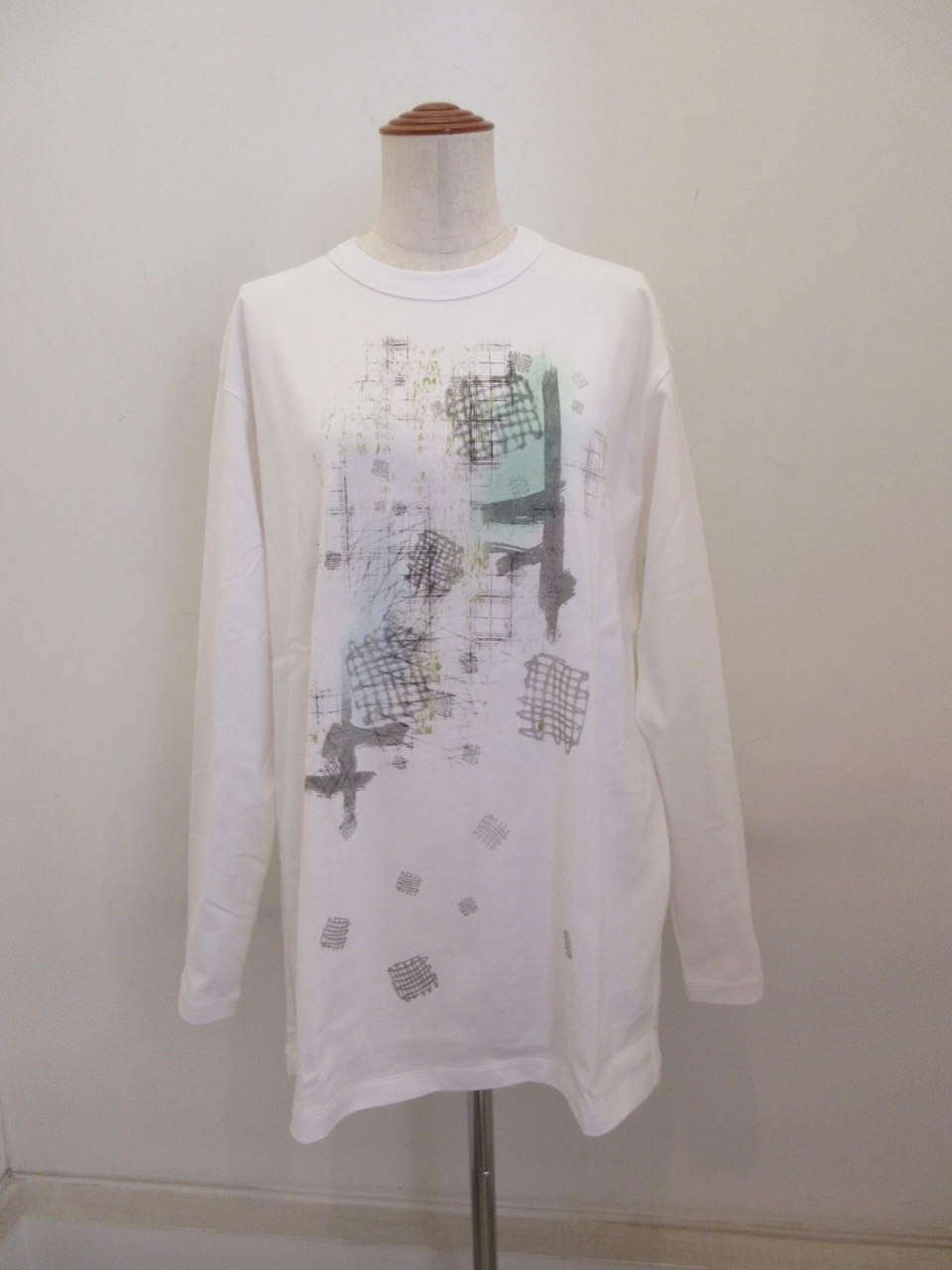 Y's YOHJI YAMAMOTO (ワイズ　ヨウジヤマモト) 手書きチェック柄顔料プリント長袖ビッグTシャツ：オフホワイト