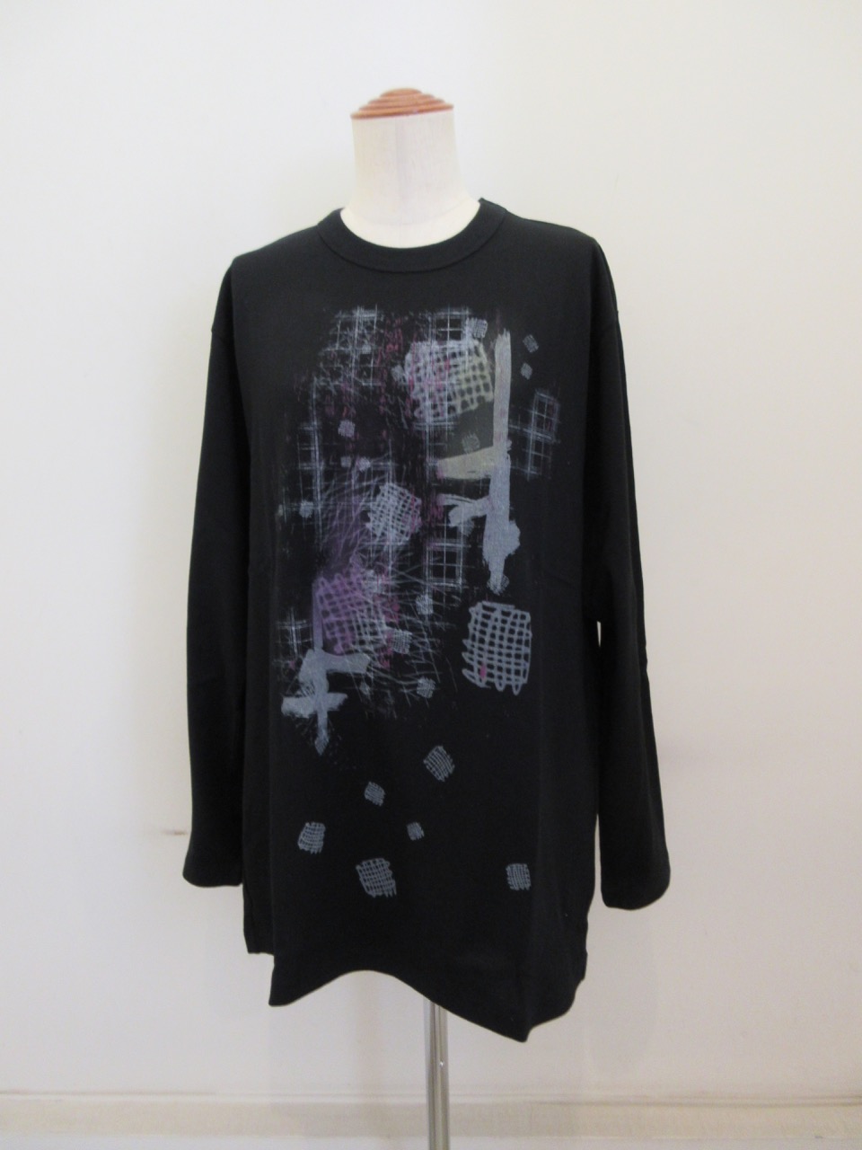 Y's YOHJI YAMAMOTO (ワイズ　ヨウジヤマモト) 手書きチェック柄顔料プリント長袖ビッグTシャツ:ブラック
