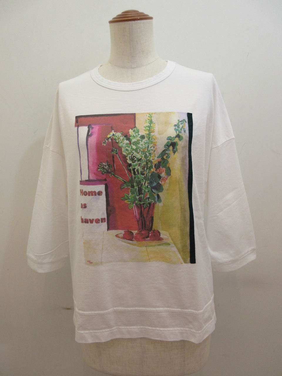 KEI Hayama PLUS(ケイハヤマプリュス) JUN IIDAカラープリント×スピンギザ天竺7分袖Tシャツ：ホワイト