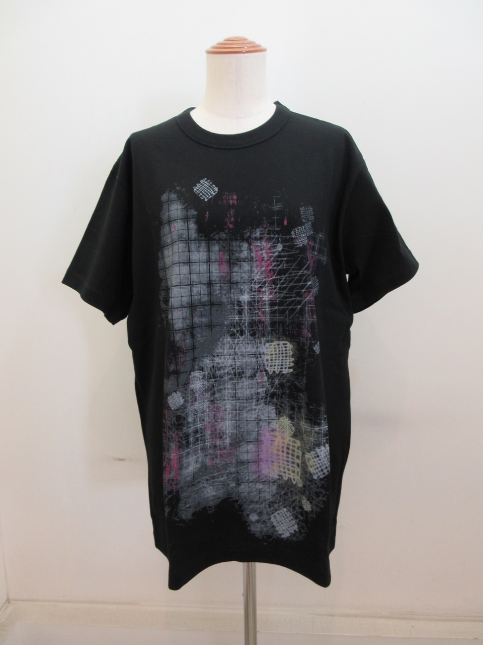 Y's YOHJI YAMAMOTO (ワイズ　ヨウジヤマモト) コットン天竺手書きチェック柄顔料プリント半袖ビッグTシャツ：ブラック