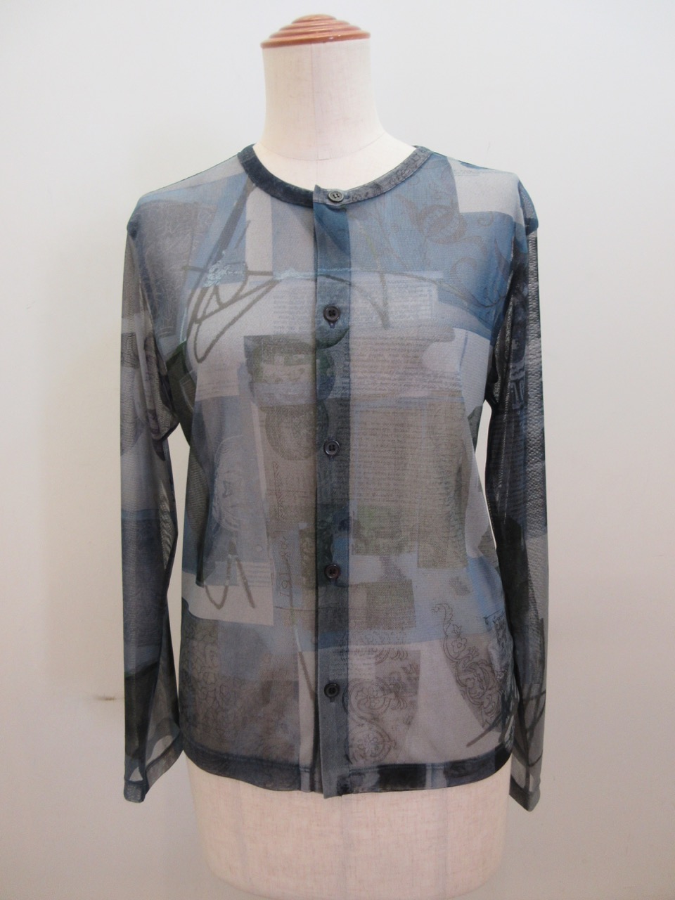 Y's YOHJI YAMAMOTO (ワイズ　ヨウジヤマモト) チュールレースコラージュプリント長袖カーディガン:ブルー