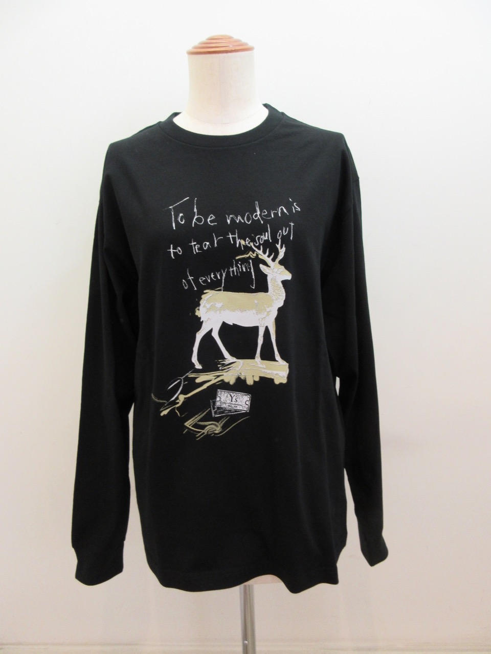Y's YOHJI YAMAMOTO (ワイズ　ヨウジヤマモト) コットン天竺アニマルメッセージ顔料プリントTシャツ:ブラック