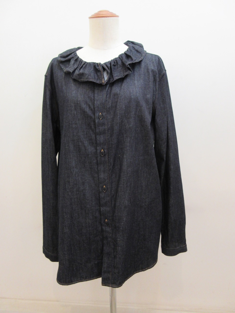 Y's YOHJI YAMAMOTO (ワイズ　ヨウジヤマモト) 6ozデニム配色ST製品洗いギャザー衿シャツ：インディゴ