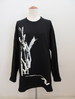 Y's YOHJI YAMAMOTO (ワイズ　ヨウジヤマモト) コットン天竺Y柄顔料プリント丸首長袖ビッグTシャツ:ブラック