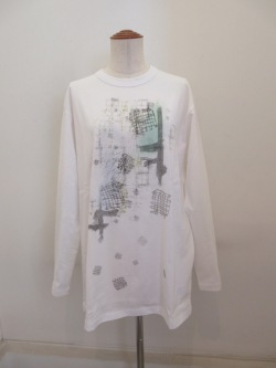 Y's YOHJI YAMAMOTO (ワイズ　ヨウジヤマモト) 手書きチェック柄顔料プリント長袖ビッグTシャツ：オフホワイト