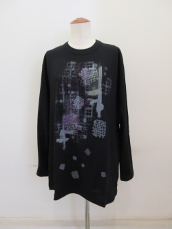Y's YOHJI YAMAMOTO (ワイズ　ヨウジヤマモト) 手書きチェック柄顔料プリント長袖ビッグTシャツ:ブラック