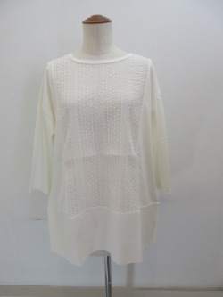 KEI Hayama PLUS(ケイハヤマプリュス) シャーリングレース×ロングスティーブルコットン天竺七分袖プルオーバ：ホワイト