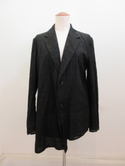 Y's YOHJI YAMAMOTO (ワイズ　ヨウジヤマモト) 無地とチェックの二枚重ね2釦アシンメトリジャケット：ブラック