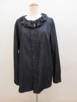 Y's YOHJI YAMAMOTO (ワイズ　ヨウジヤマモト) 6ozデニム配色ST製品洗いギャザー衿シャツ：インディゴ