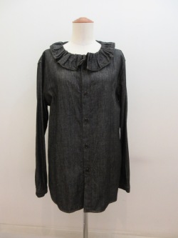 Y's YOHJI YAMAMOTO (ワイズ　ヨウジヤマモト) 6ozデニム配色ST製品洗いギャザー衿シャツ:ブラック