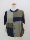 Y's YOHJI YAMAMOTO (ワイズ　ヨウジヤマモト) 14G天竺配色インターシャ丸首半袖カーディガン：ブルー