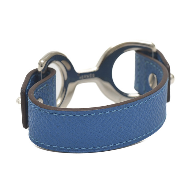 エルメス バングル パバン レザー ブルー シルバー金具 O刻印 HERMES