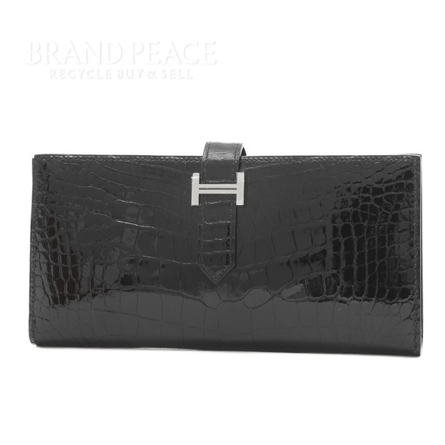 エルメス ベアンスフレ 二つ折り長財布 クロコアリゲーター ブラック  