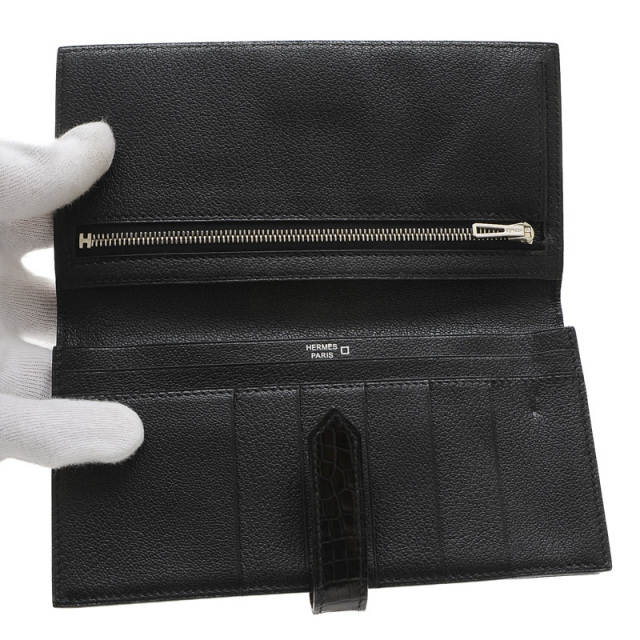 エルメス HERMES ベアンスフレ ベアン スフレ 財布 長財布 ロングウォレット アリゲーター クロコダイル ノワール ブラック 黒 シルバー金具 エキゾチック HERMES エルメス 長財布 ベアンスフレ プルノワール (プリュノワール) クロコダイル アリゲーター シルバー金具 W刻印 新品