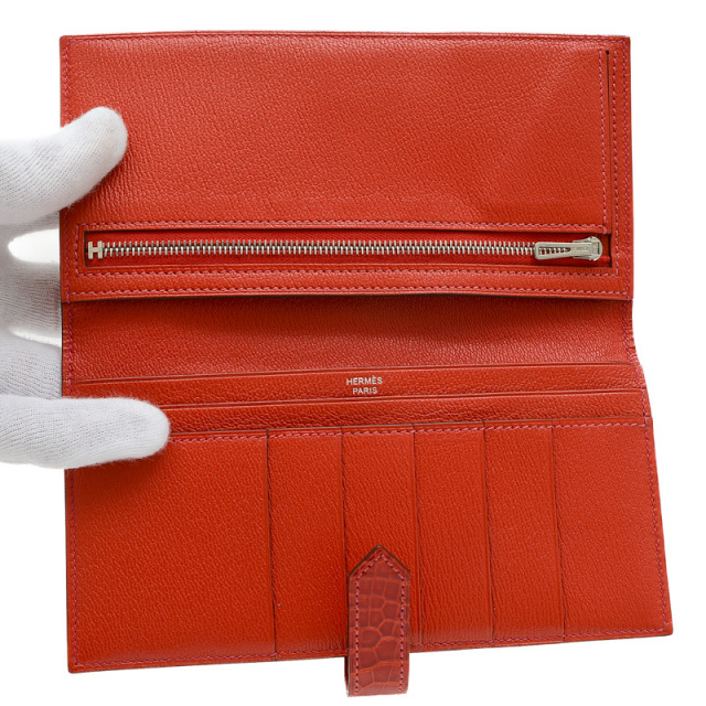 エルメス ベアン クラシック 長財布 アリゲーター ゼラニウム 赤  
