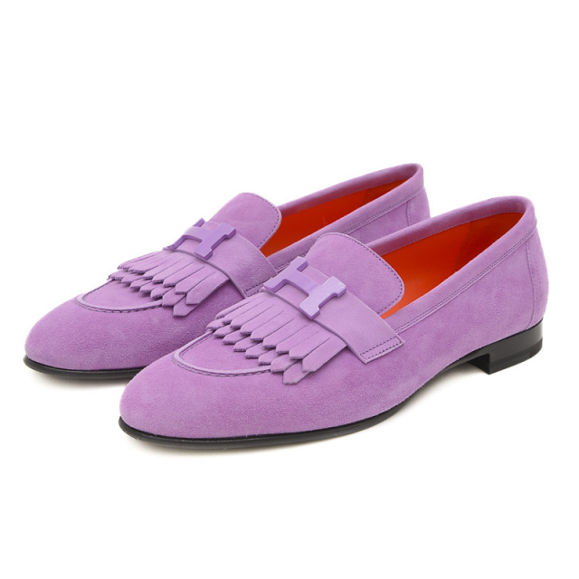 エルメス パリ モカシン ローファー スエード パープル/オレンジ  