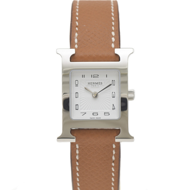 エルメス Hウォッチ PM レディース 白文字盤 シルバー金具 革ベルト  
