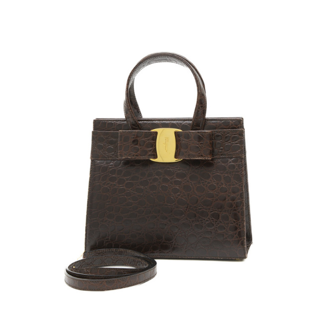 フェラガモ ヴァラ リボン 2WAYバッグ クロコ型押し レザー ブラウン