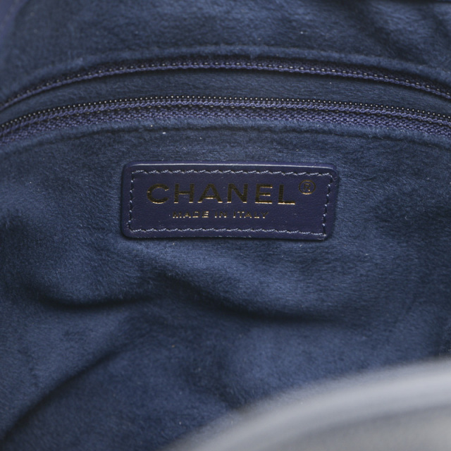 CHANEL ネイビー Vネック バックパール調ビーズ フレンチスリーブVネックニット/洗える