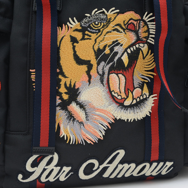 グッチ タイガーヘッド バックパック 刺繍 ナイロン ブラック