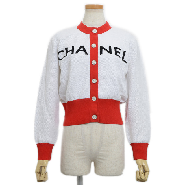 シャネル カーディガン ロゴ ホワイト/レッド レディース 42サイズ  