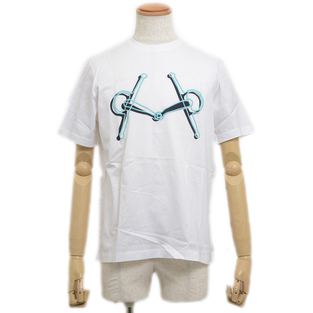 エルメス 半袖Tシャツ ホワイト/ブラック/ブルー コットン