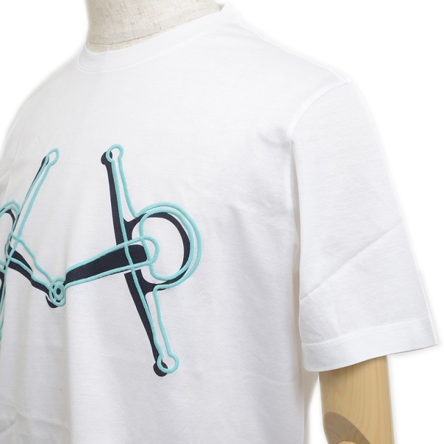 エルメス 半袖Tシャツ ホワイト/ブラック/ブルー コットン