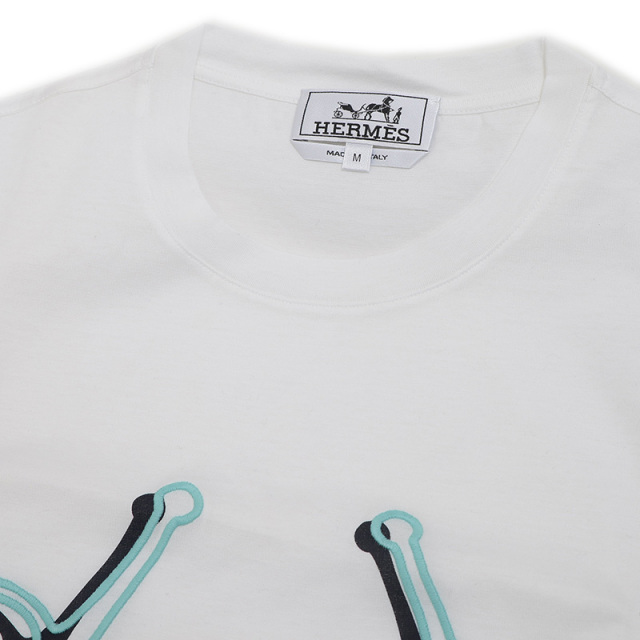 エルメス 半袖Tシャツ ホワイト/ブラック/ブルー コットン